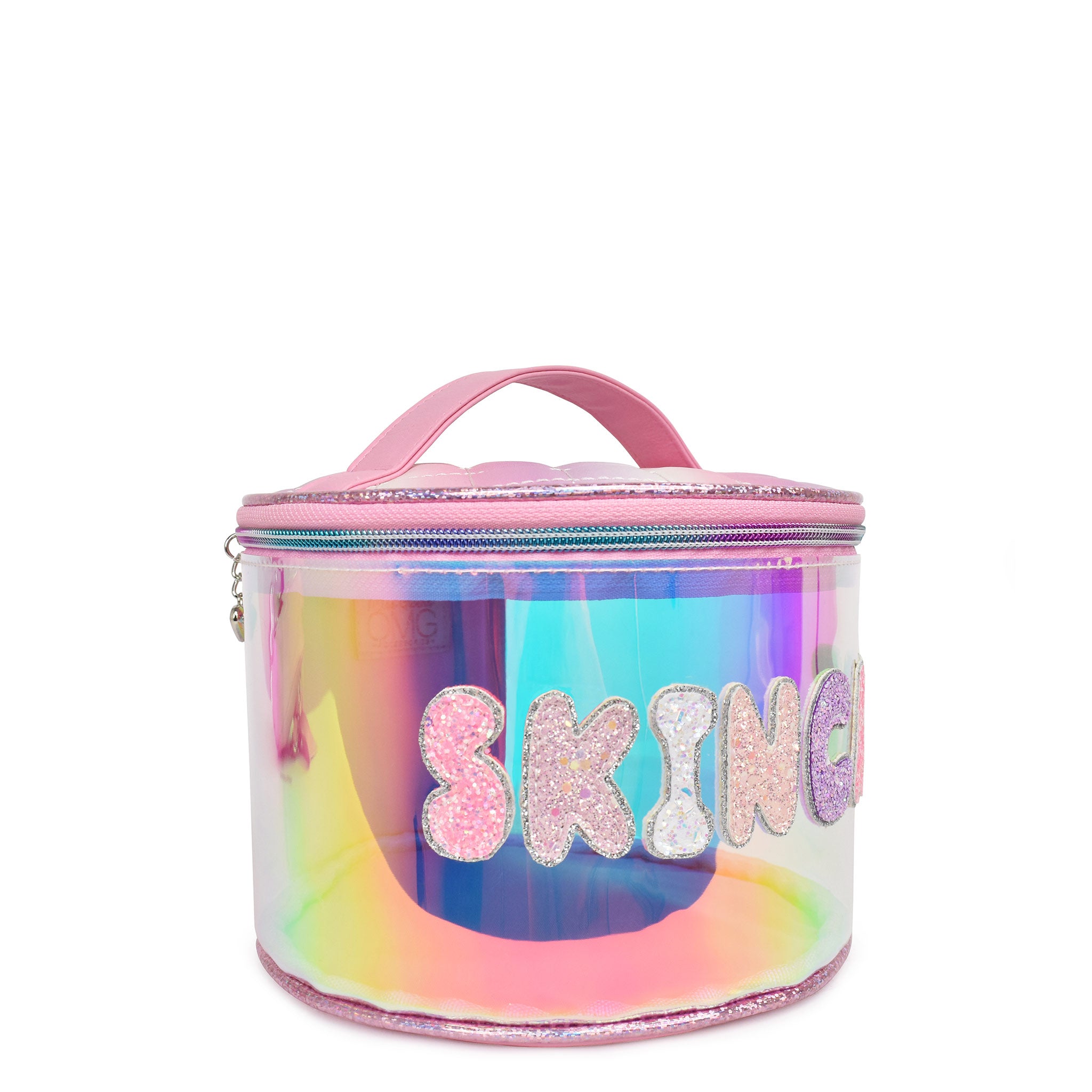 side view of a glazed clear rounded train case with bubble lettering 'skincare' glitter appliqués