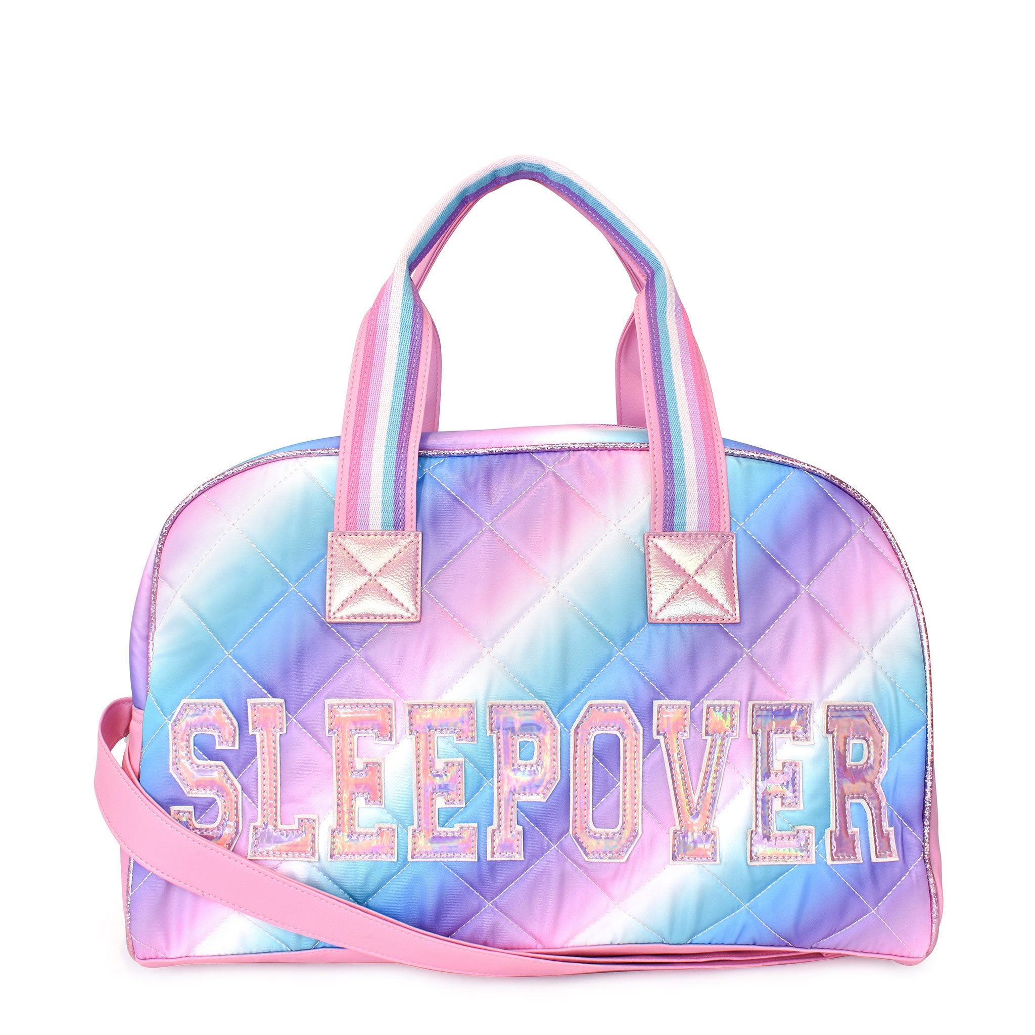 Front view of a cool toned ombre quilted medium duffle bag with metallic varsity letters 'Sleepover' and an adjustable shoulder strap 