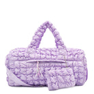 front view of a purple scrunch nylon quilted large duffle bag