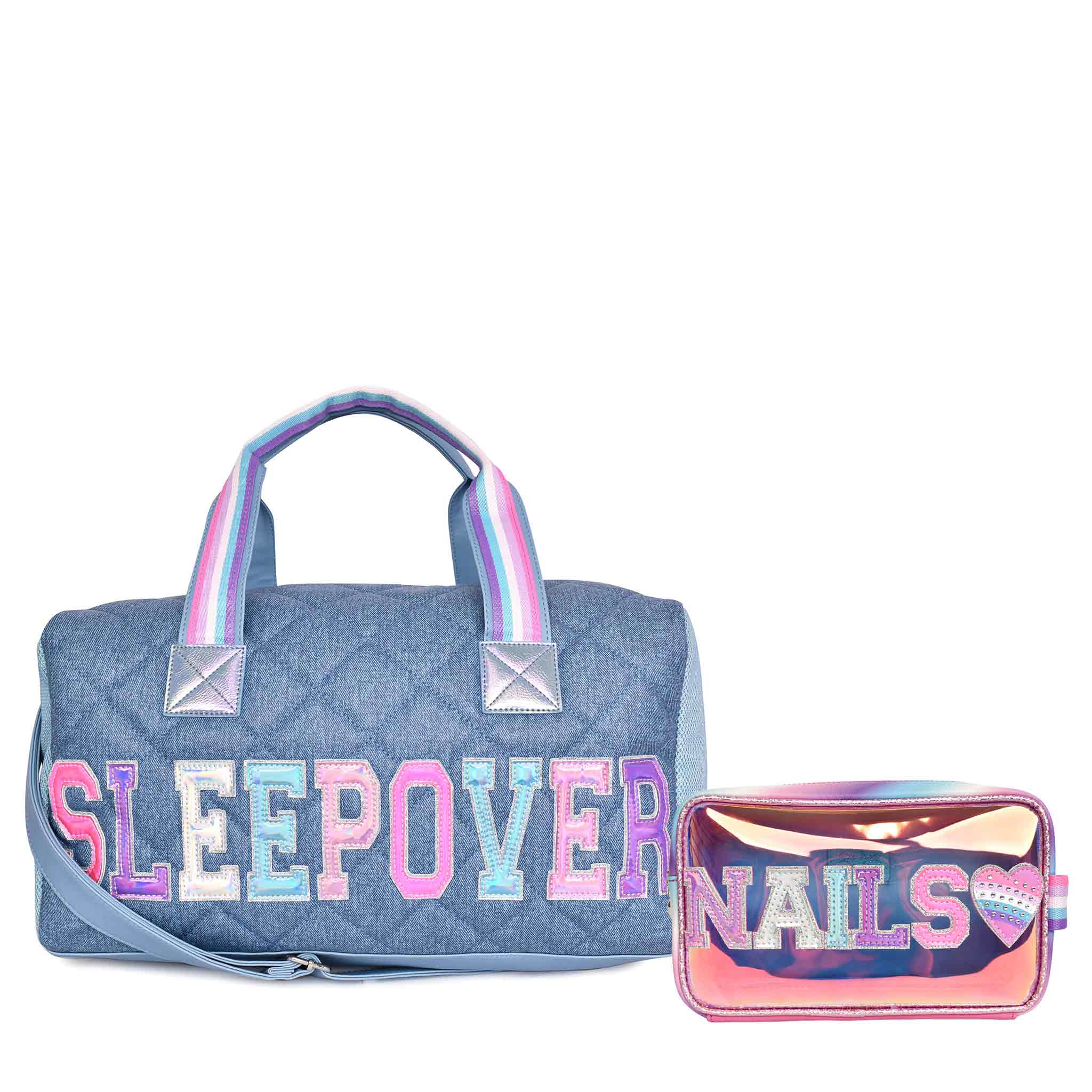 Front view of 'Sleepover' denim-printed large duffle bag and 'Nails' peekaboo pouch value set