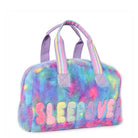 Side view of a medium plush tie dye 'sleepover' duffle with glitter bubble-letter patches