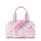 Front view of a metallic quilted ombre medium duffle bag with 'sleepover; glitter varsity letters 