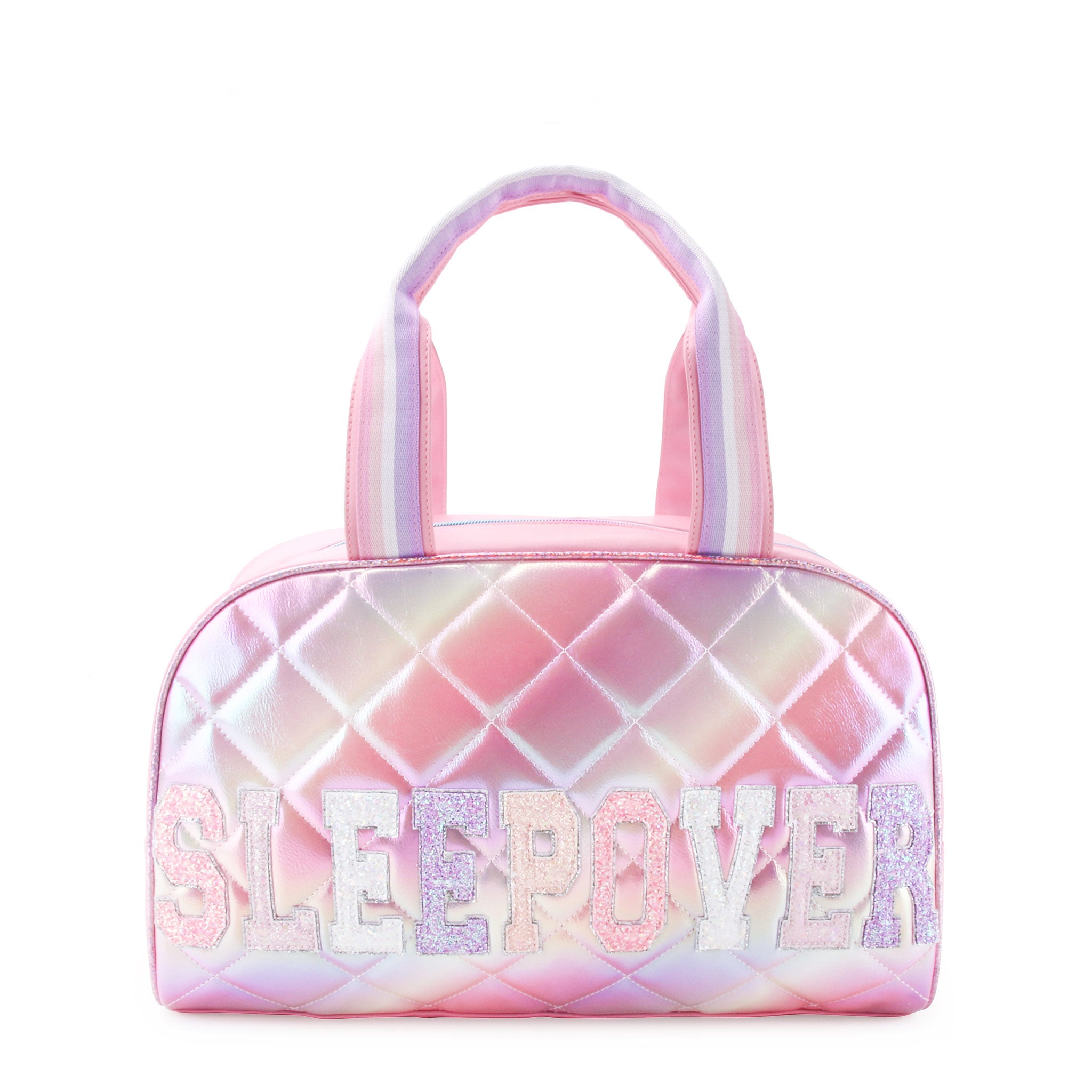 Front view of a metallic quilted ombre medium duffle bag with 'sleepover; glitter varsity letters 