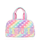 front view of a rainbow ombre , heart-printed plush duffle bag with 'sleepover' glitter varsity letters
