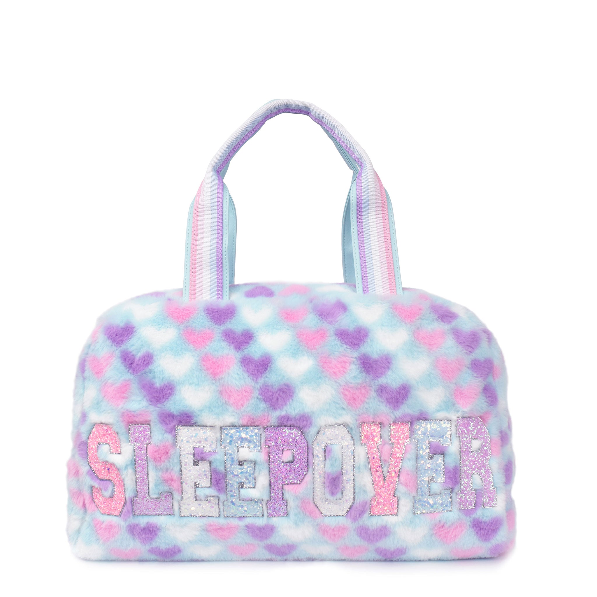 Front view of a heart-printed plush medium duffle bag 
