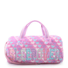 magenta plush heart printed 'SLEEPOVER' large duffle bag
