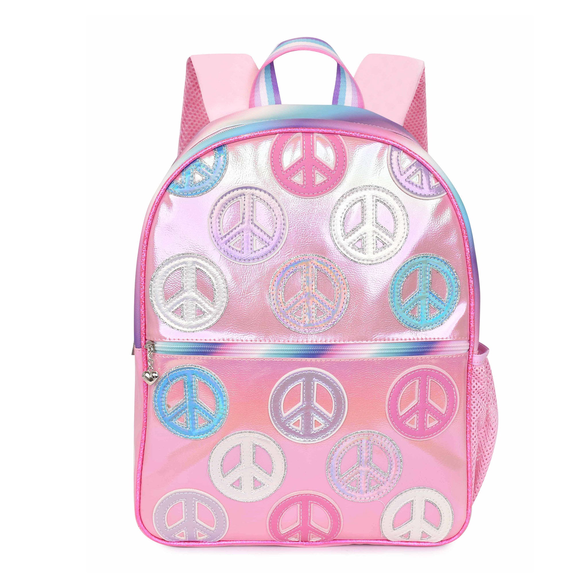 Front view of a metallic pink large backpack with peace signs 