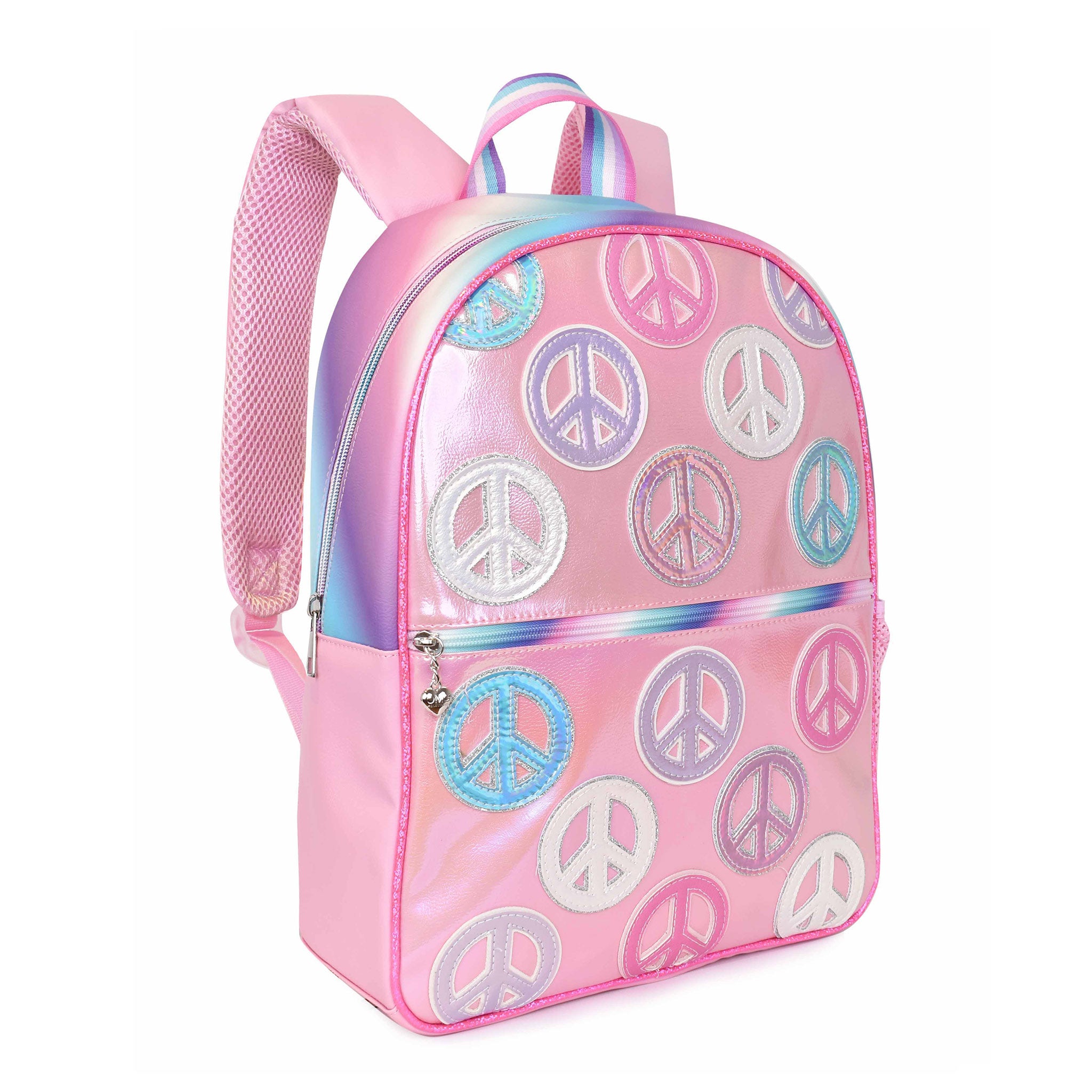 Side  view of a metallic pink large backpack with peace signs and a clear pencil pouch with 'STUFF' lettering