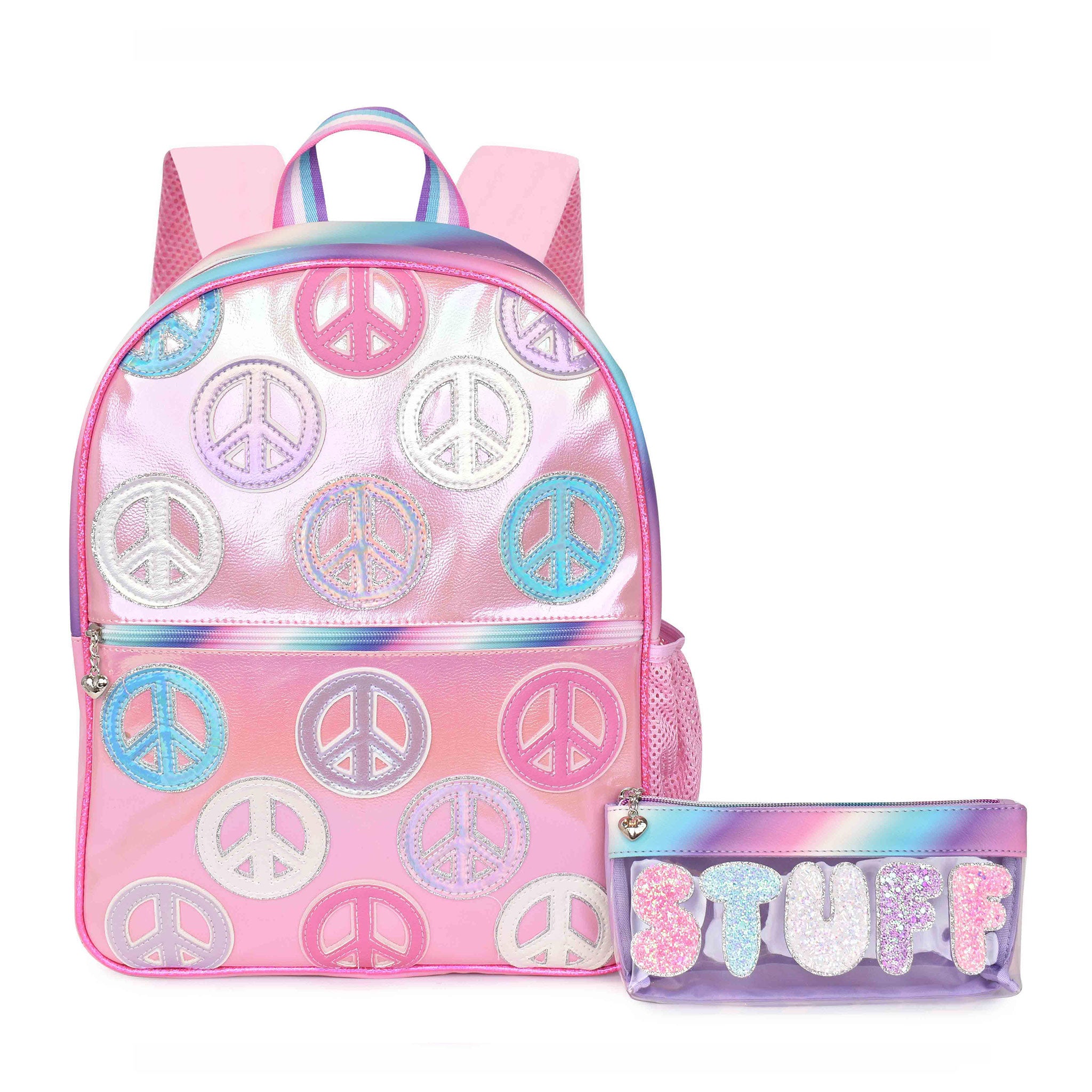 Front view of a metallic pink large backpack with peace signs and a clear pencil pouch with 'STUFF' lettering 