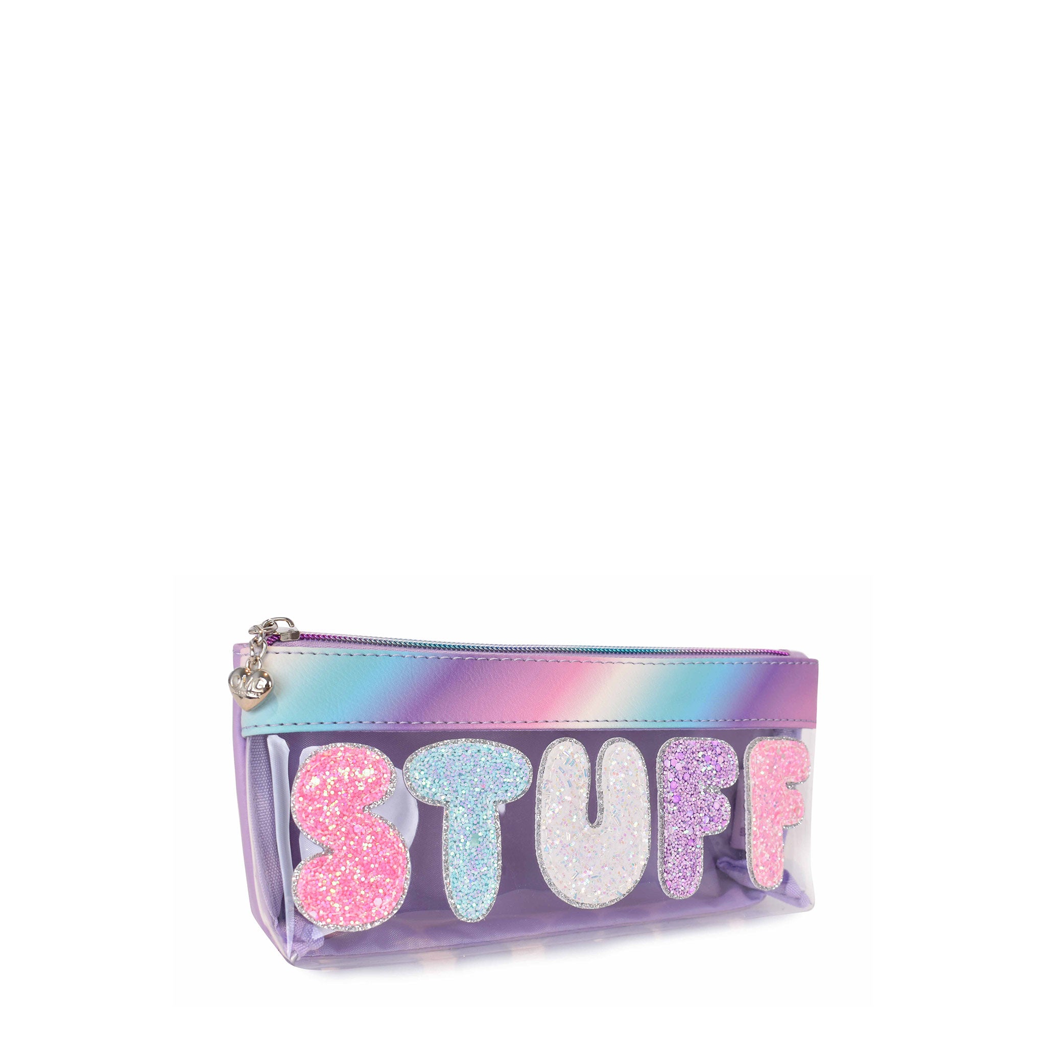 Side view of a clear pencil pouch with glitter bubble letters 'stuff'
