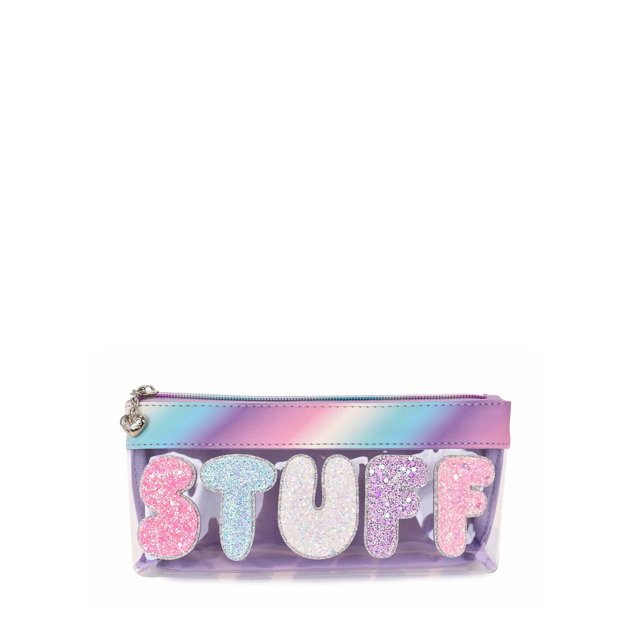 Front view of a clear pencil pouch with glitter bubble letters 'stuff'