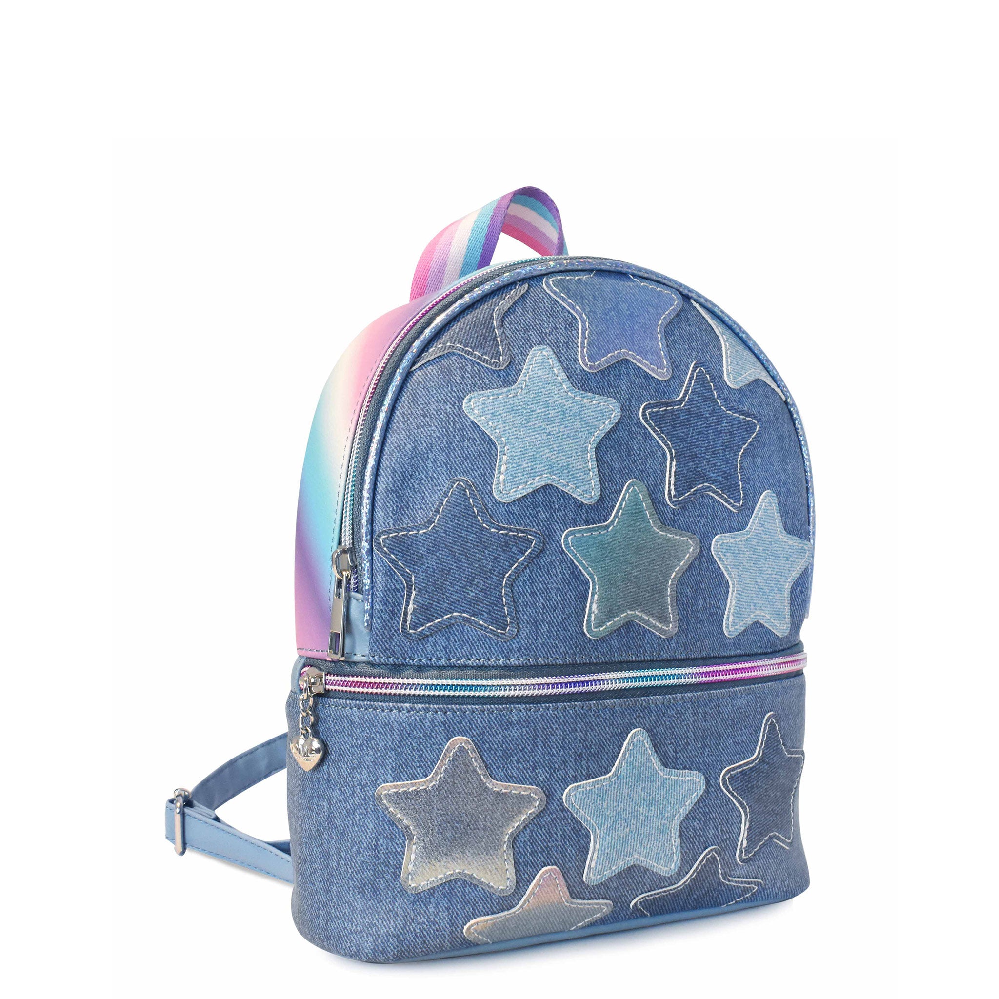 Side view of a denim mini backpack covered in metallic & denim star patch appliqués