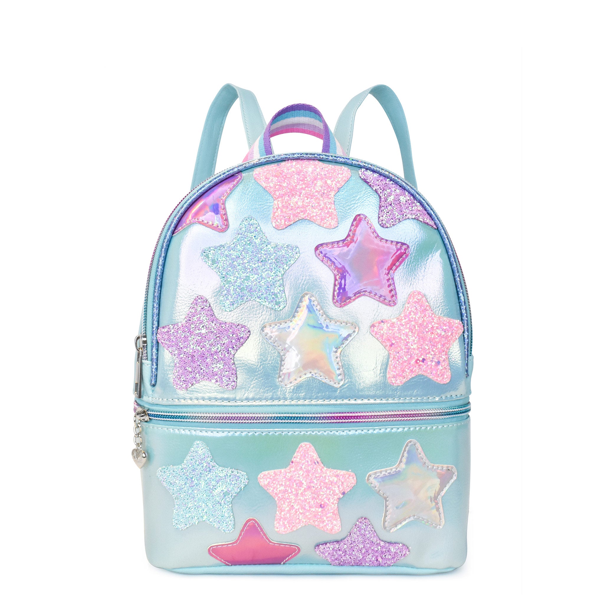 Front view of a blue metallic mini backpack with glitter and metallic star patches 
