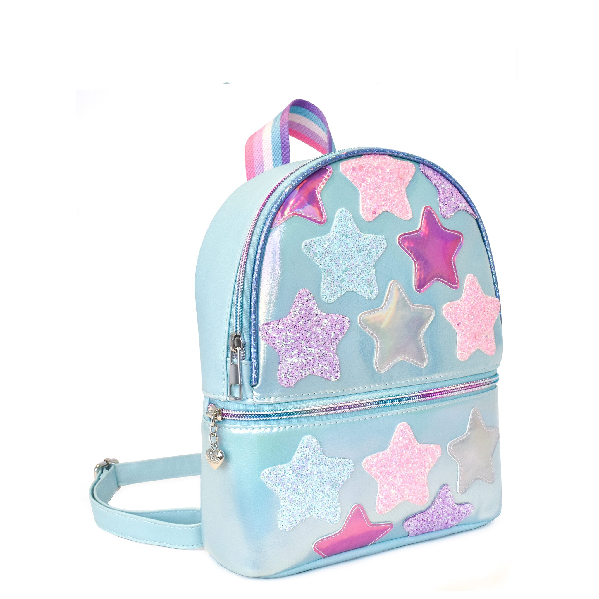 Side view of a blue metallic mini backpack with glitter and metallic star patches
