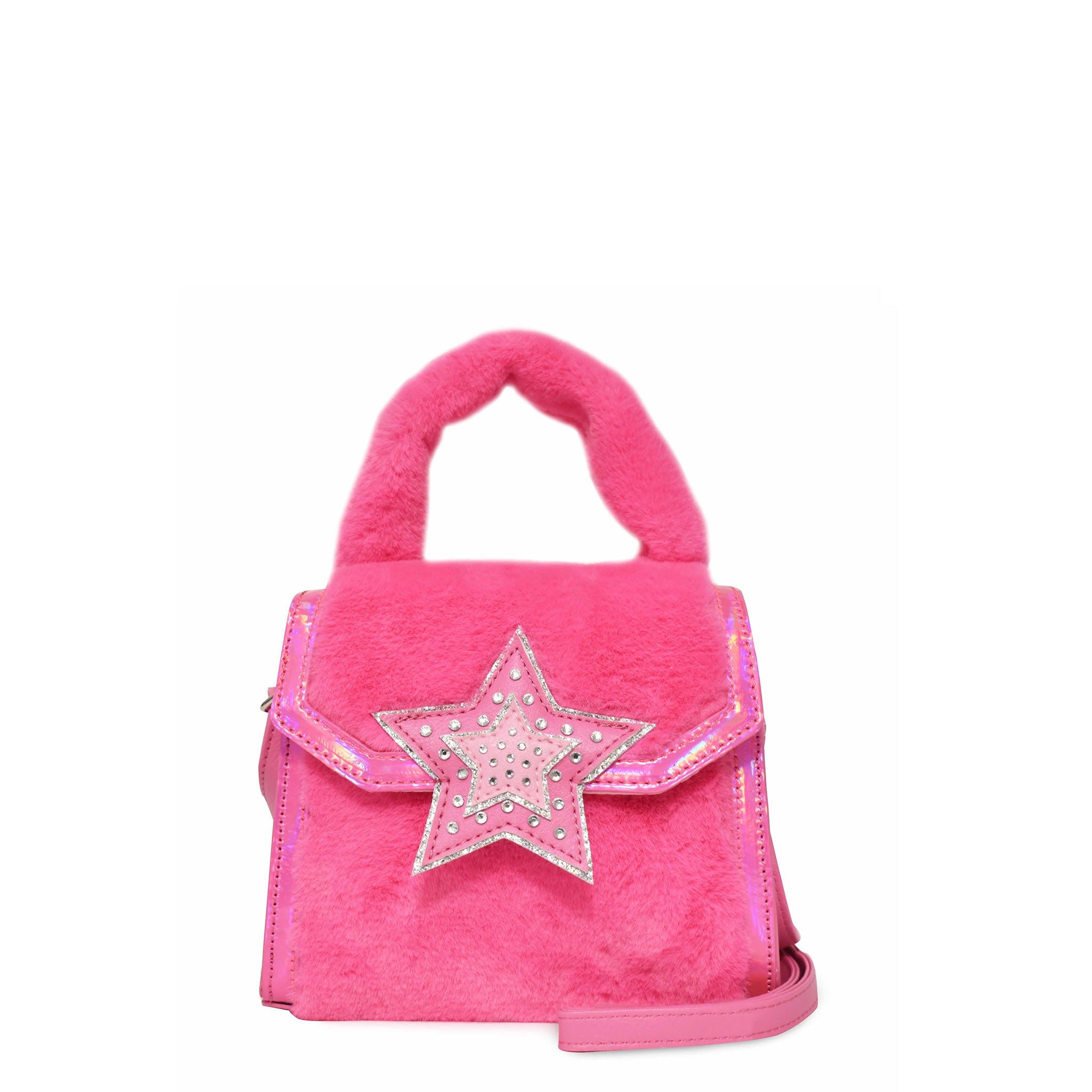Front view of a hot pink plush top handle crossbody with rhinestone star appliqué on flap closure.