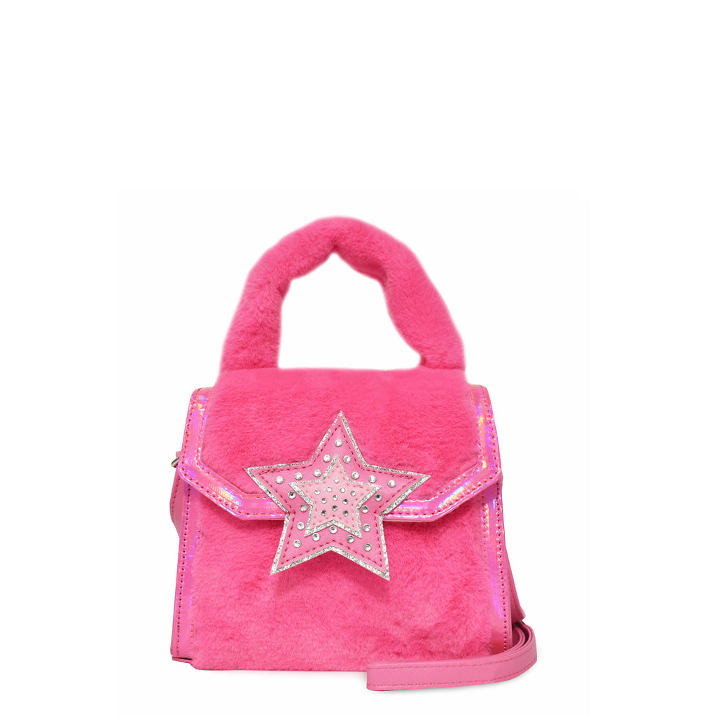 Front view of a hot pink plush top handle crossbody with rhinestone star appliqué on flap closure.