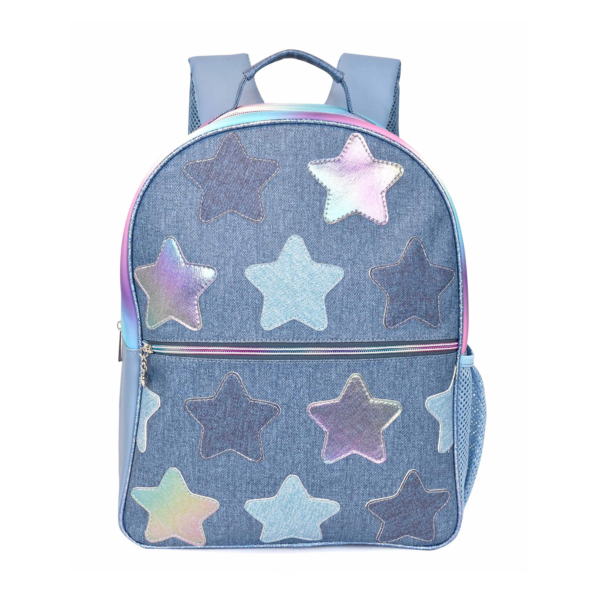 Front view of a denim large backpack with denim and metallic star patches