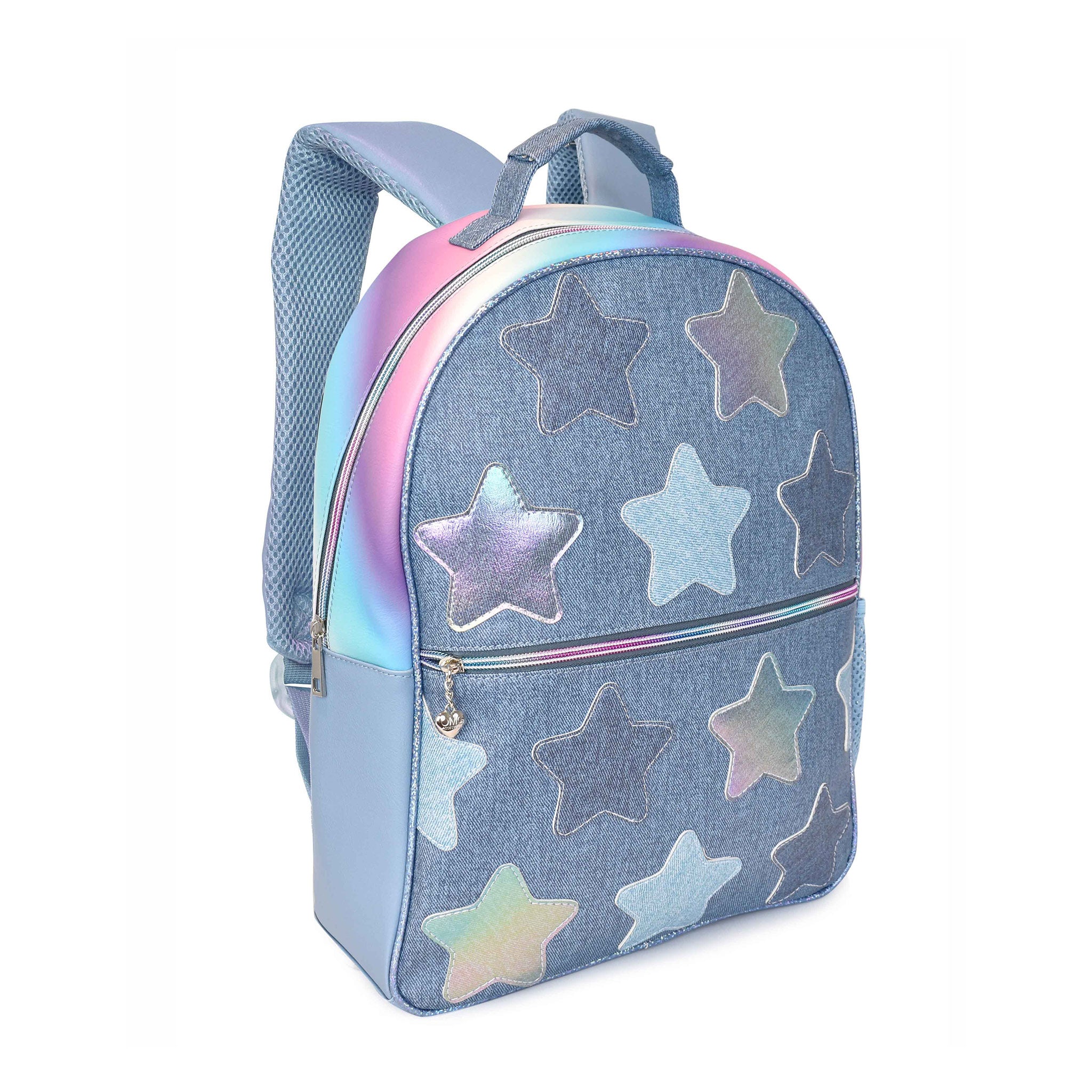 Side view of a denim large backpack with denim and metallic star patches