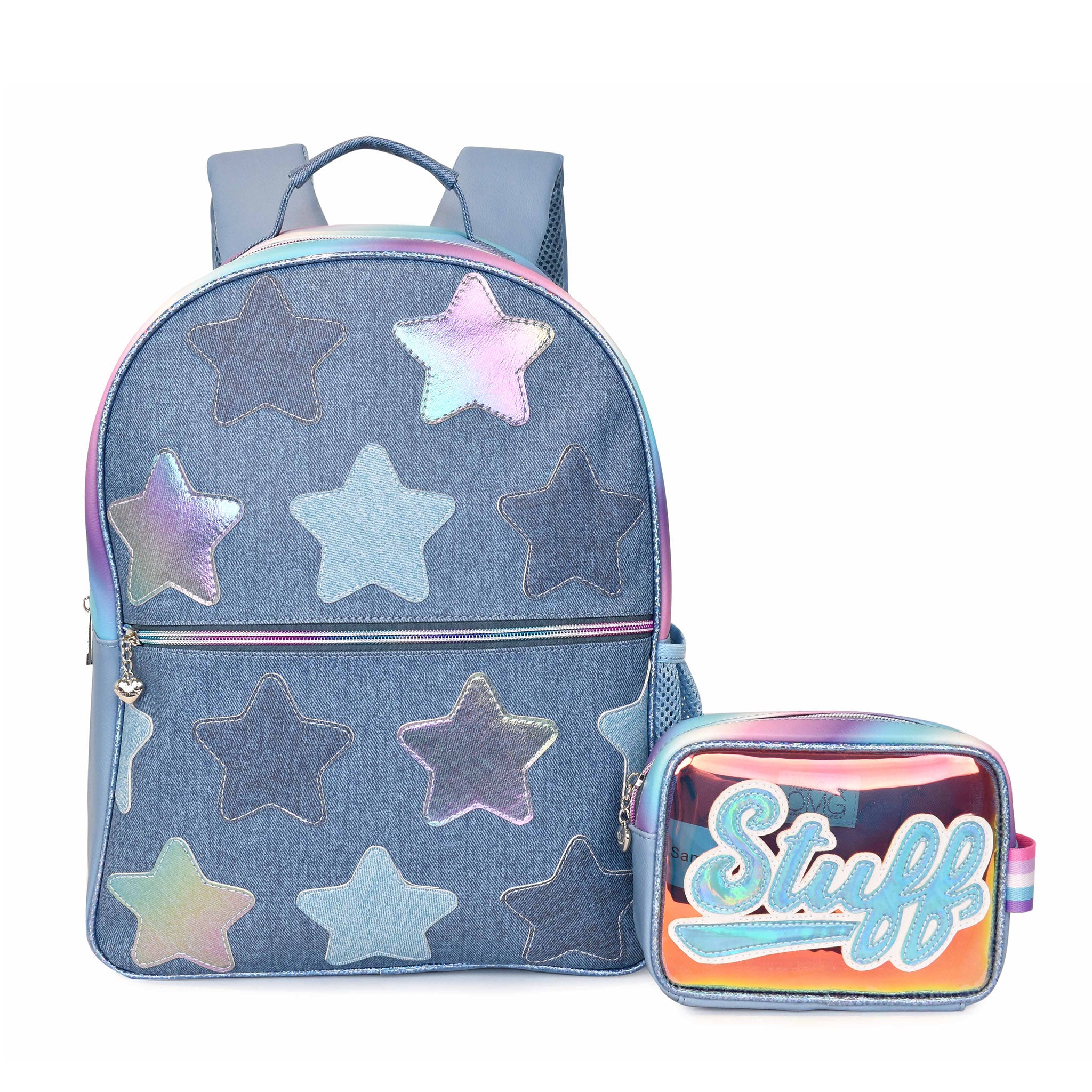Front view of a denim large backpack with denim and metallic star patches with a clear front pencil case with metallic script lettering 'STUFF'