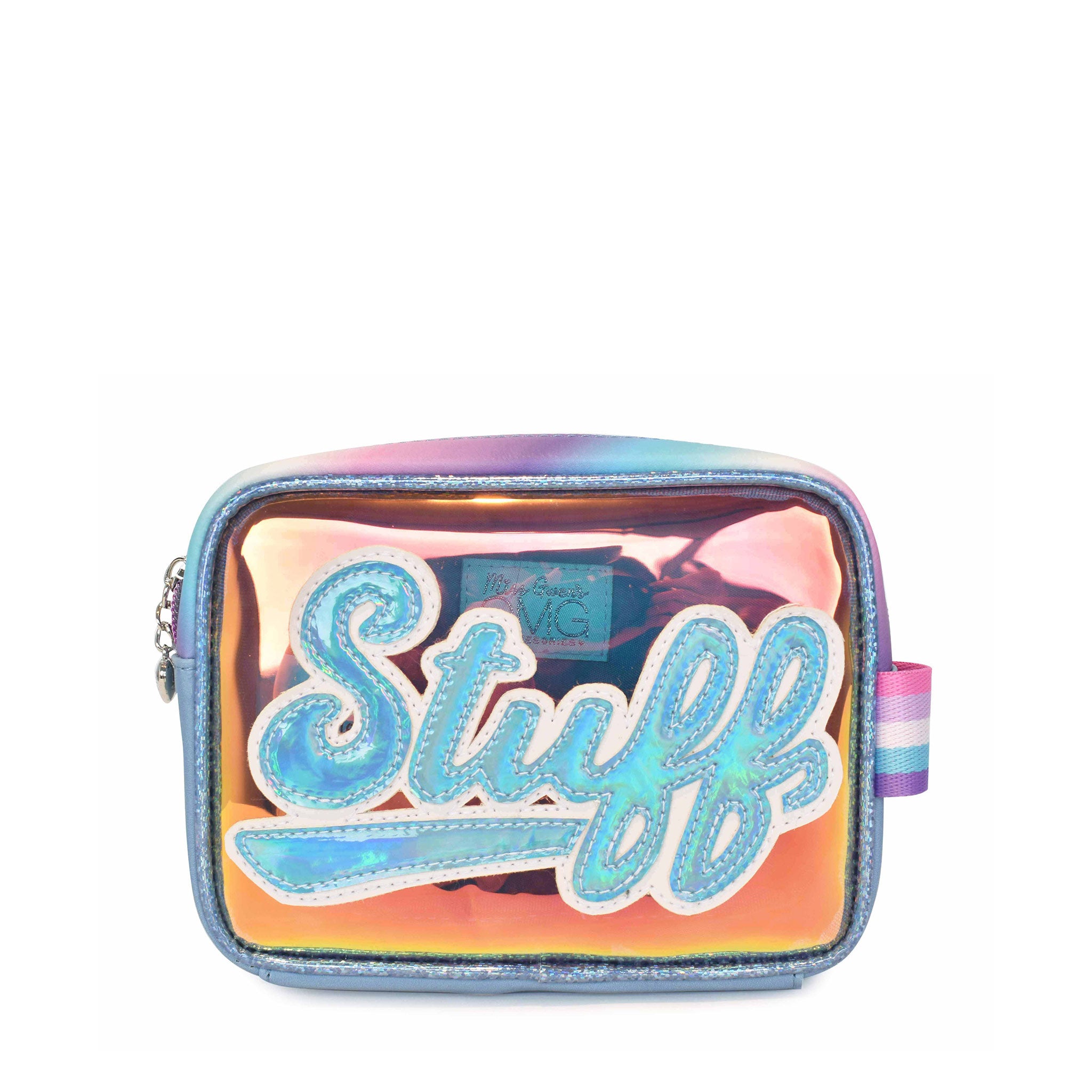 Front view of a blue clear front pencil case with metallic script lettering 'STUFF'