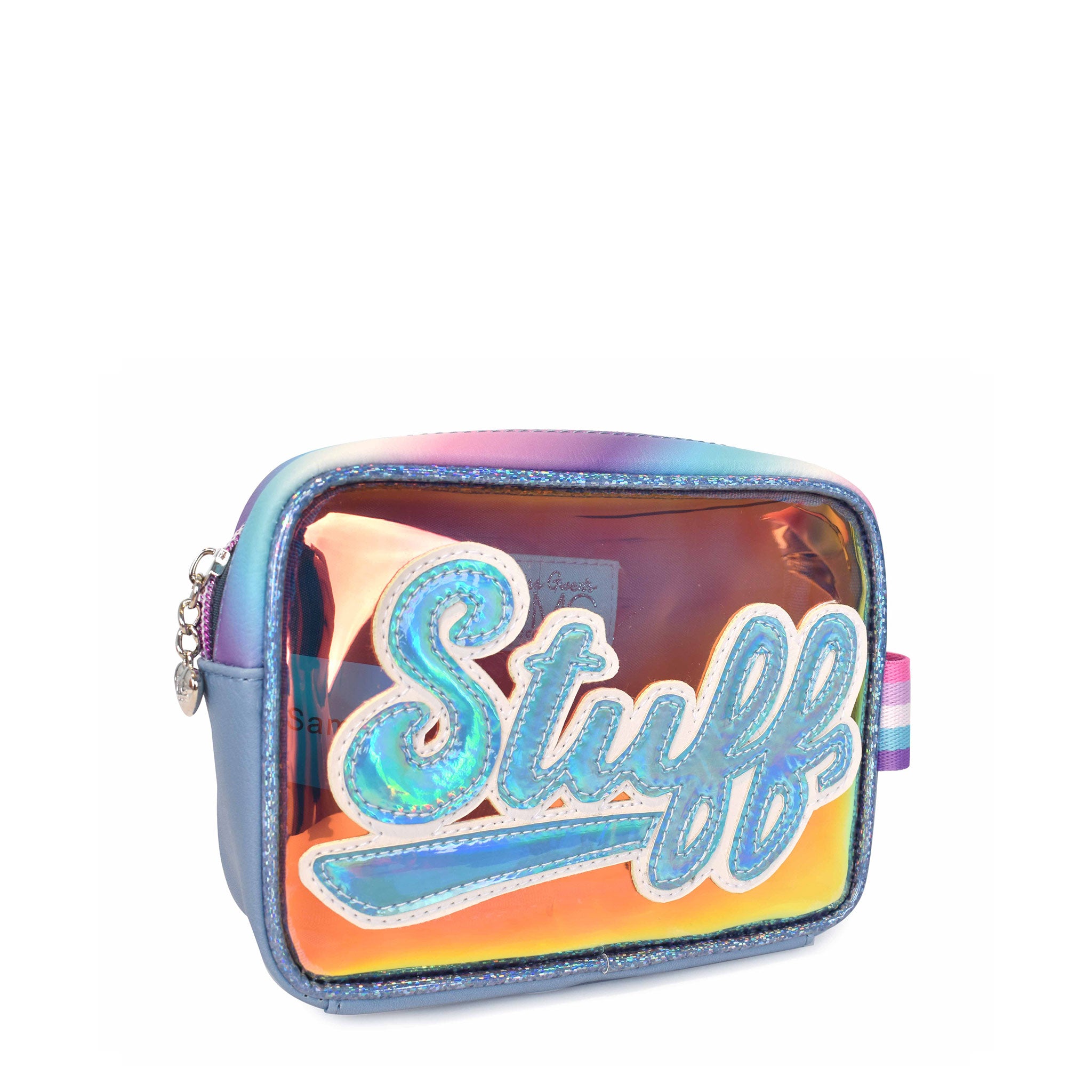 Side view of a blue clear front pencil case with metallic script lettering 'STUFF'