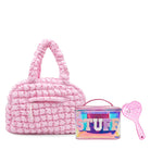 Gift Set of pink quilted scrunchies medium duffle bag, clear glazed 'Stuff' train case and 'Dance' Heart Printed Hairbrush