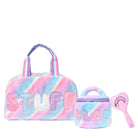 Front view of plush 'Stuff' medium duffle, matching 'Glam' round glam bag and Rainbow Heart Printed Hairbrush