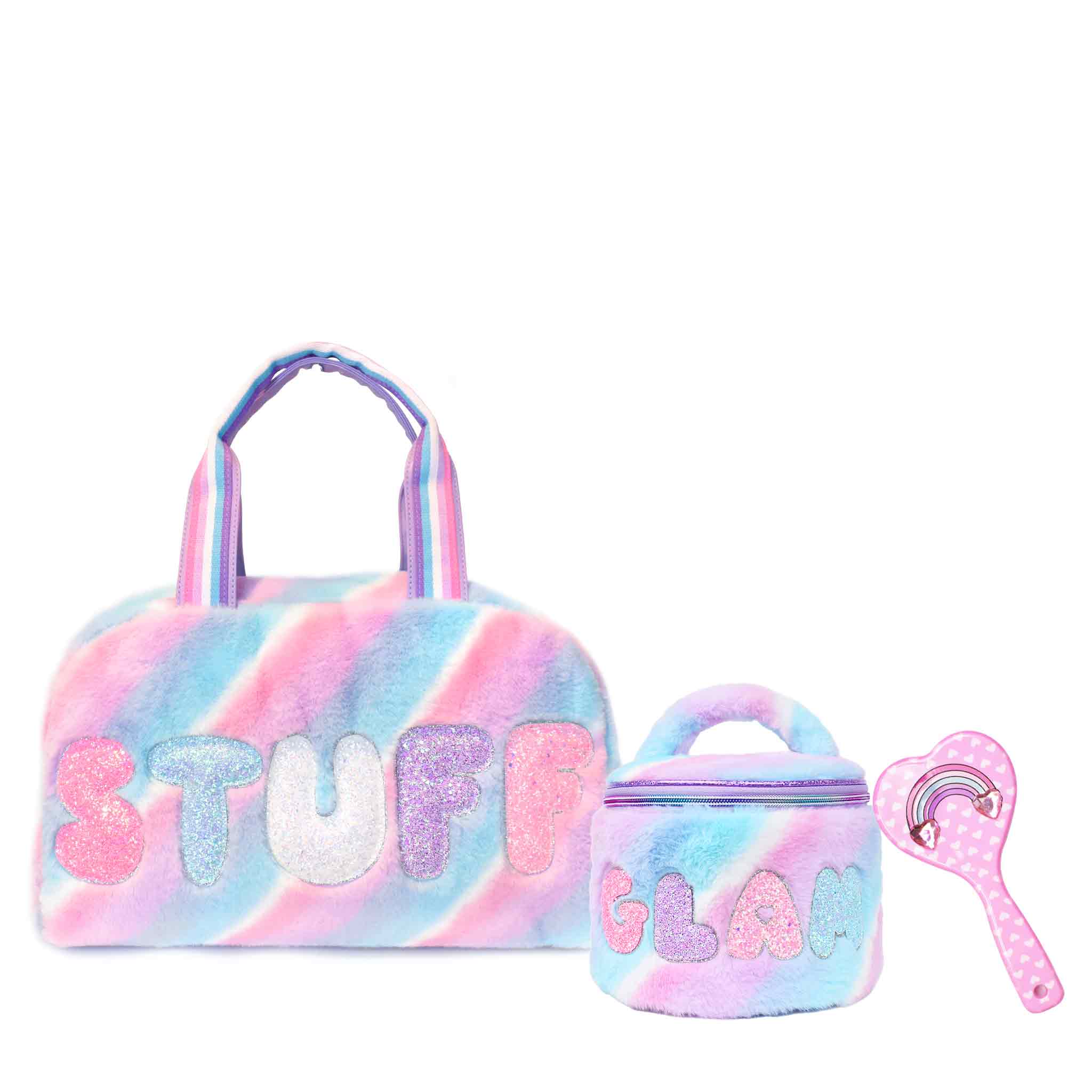 Front view of plush 'Stuff' medium duffle, matching 'Glam' round glam bag and Rainbow Heart Printed Hairbrush