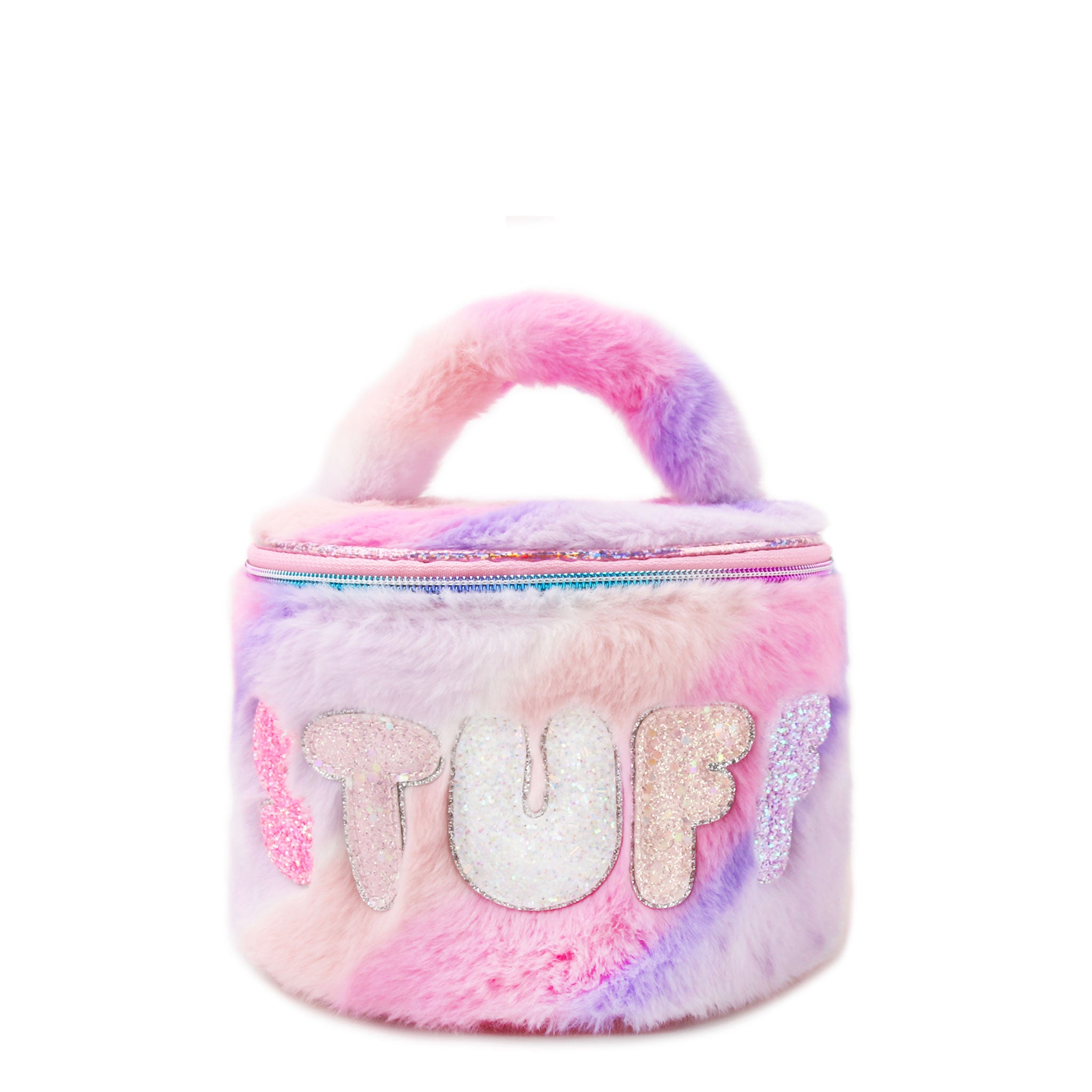 front view of an ombre plush round glam bag with bubble letters 'stuff' appliques