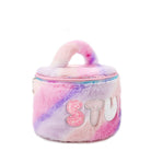 side view of an ombre plush round glam bag with bubble letters 'stuff' appliques