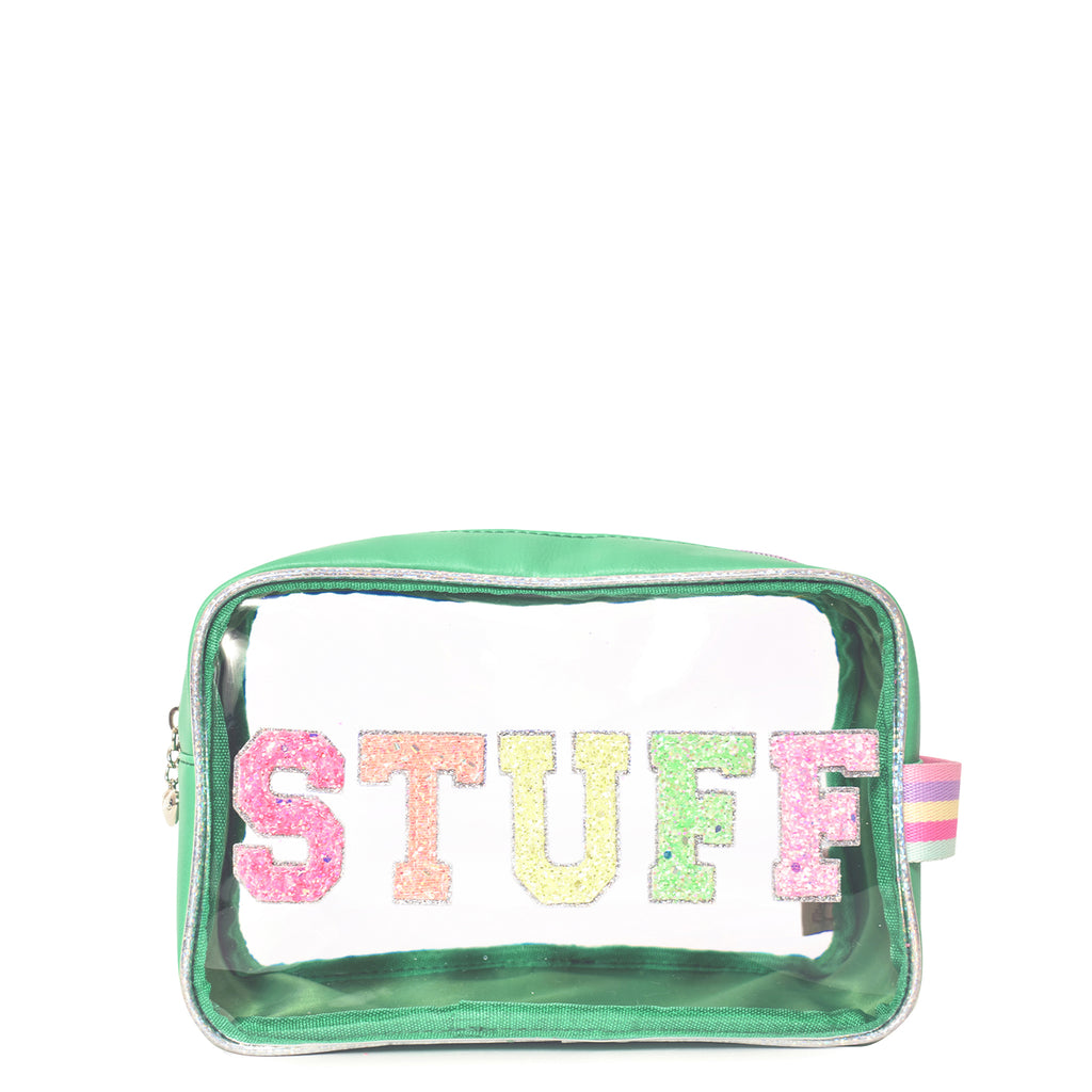 Front view of green transparent pouch with glitter varsity letters 'STUFF' appliqués