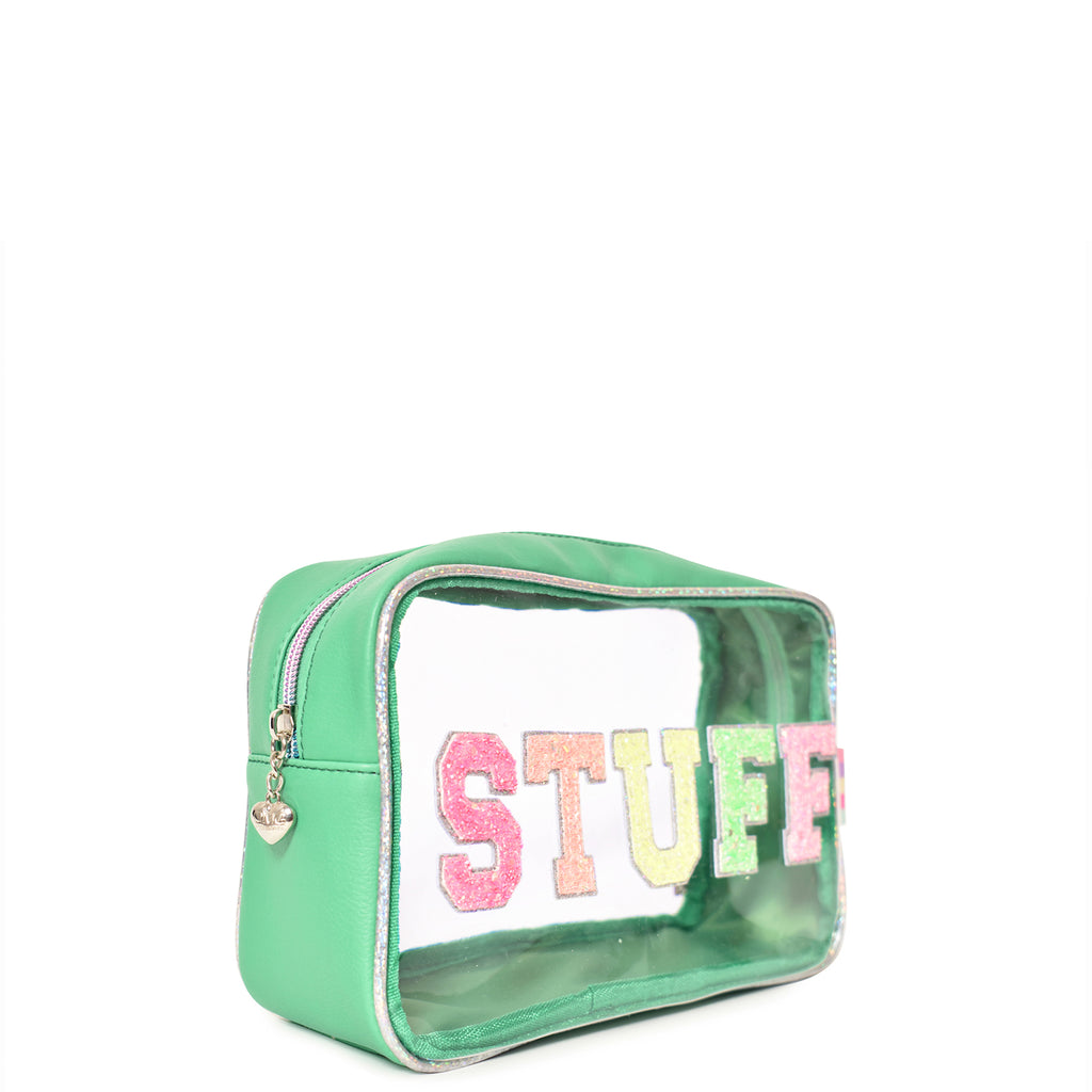 Side view of green transparent pouch with glitter varsity letters 'STUFF' appliqués 