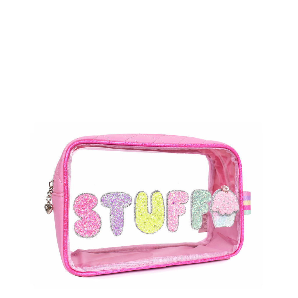 Side view of pink clear pouch with glitter bubble letter 'STUFF' and glitter cupcake appliqués