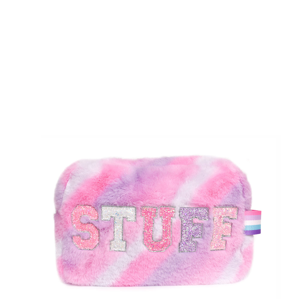 Front view of a pink ombre striped plush pouch with glitter varsity letters 'STUFF' 