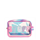 Front view of blue glazed transparent pouch with glitter bubble letters 'STUFF' appliqué 