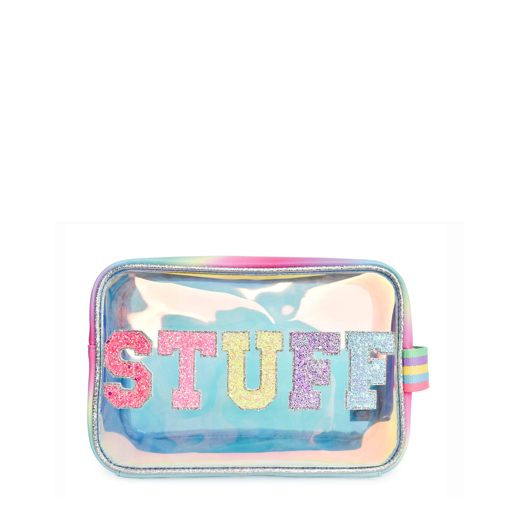 Front view of blue glazed clear pouch with glitter varsity letters 'STUFF' appliqué