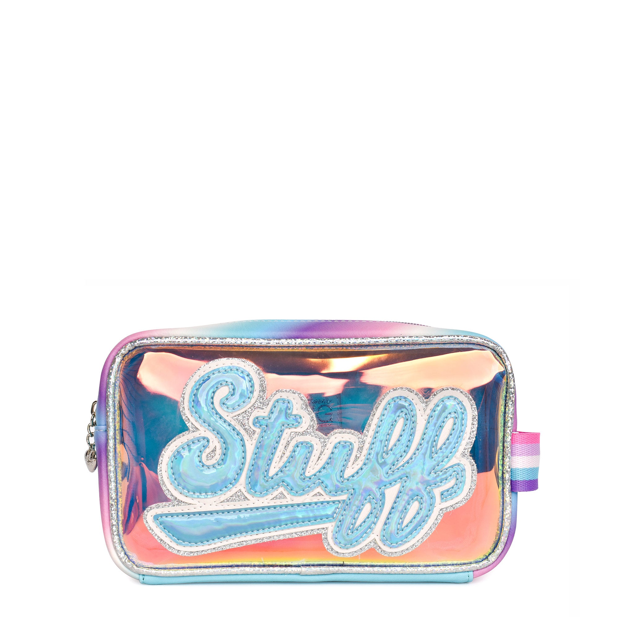 Front view of a blue glazed pouch with metallic scripted varsity letters 'STUFF'