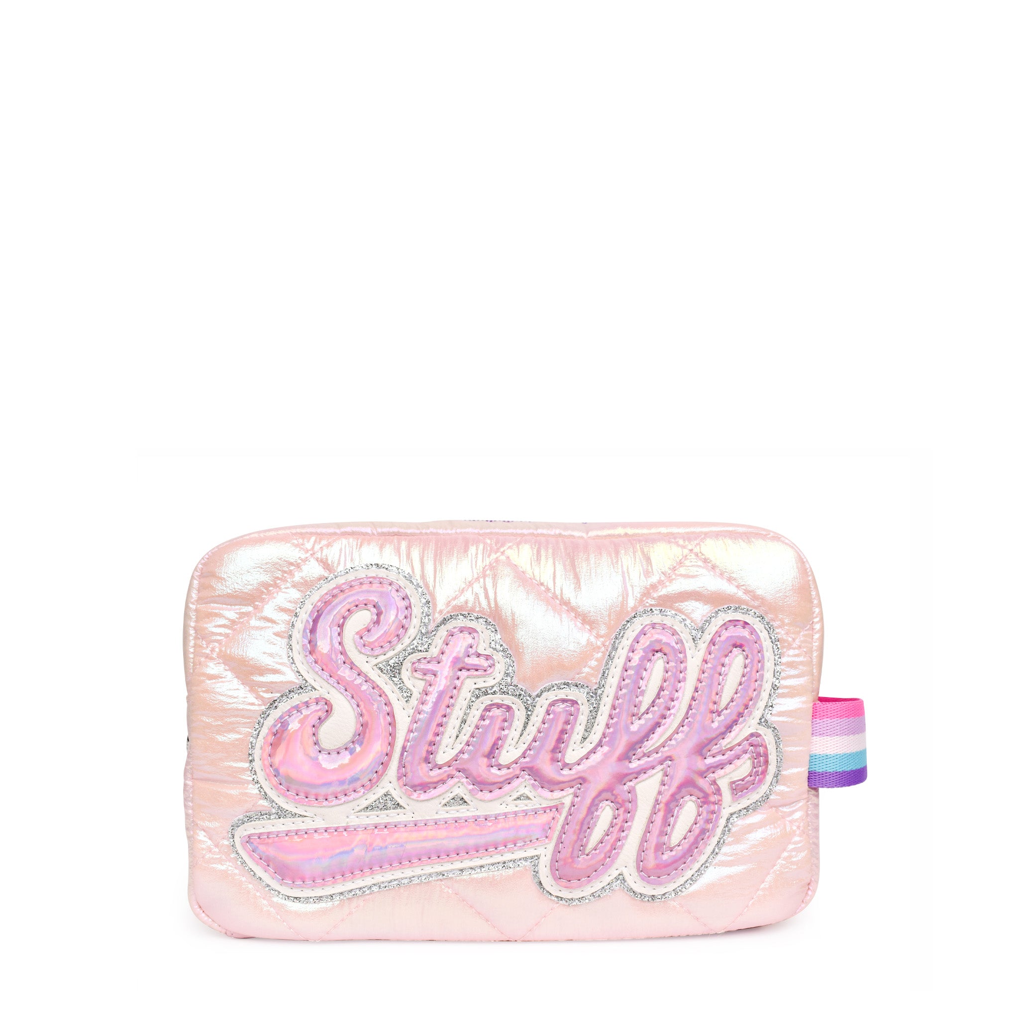 Front view of pink puffer metallic pouch with 'Stuff' retro script patch