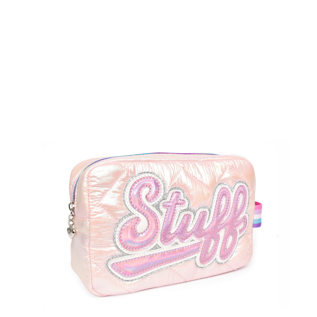 Side view of pink puffer metallic pouch with 'Stuff' retro script patch