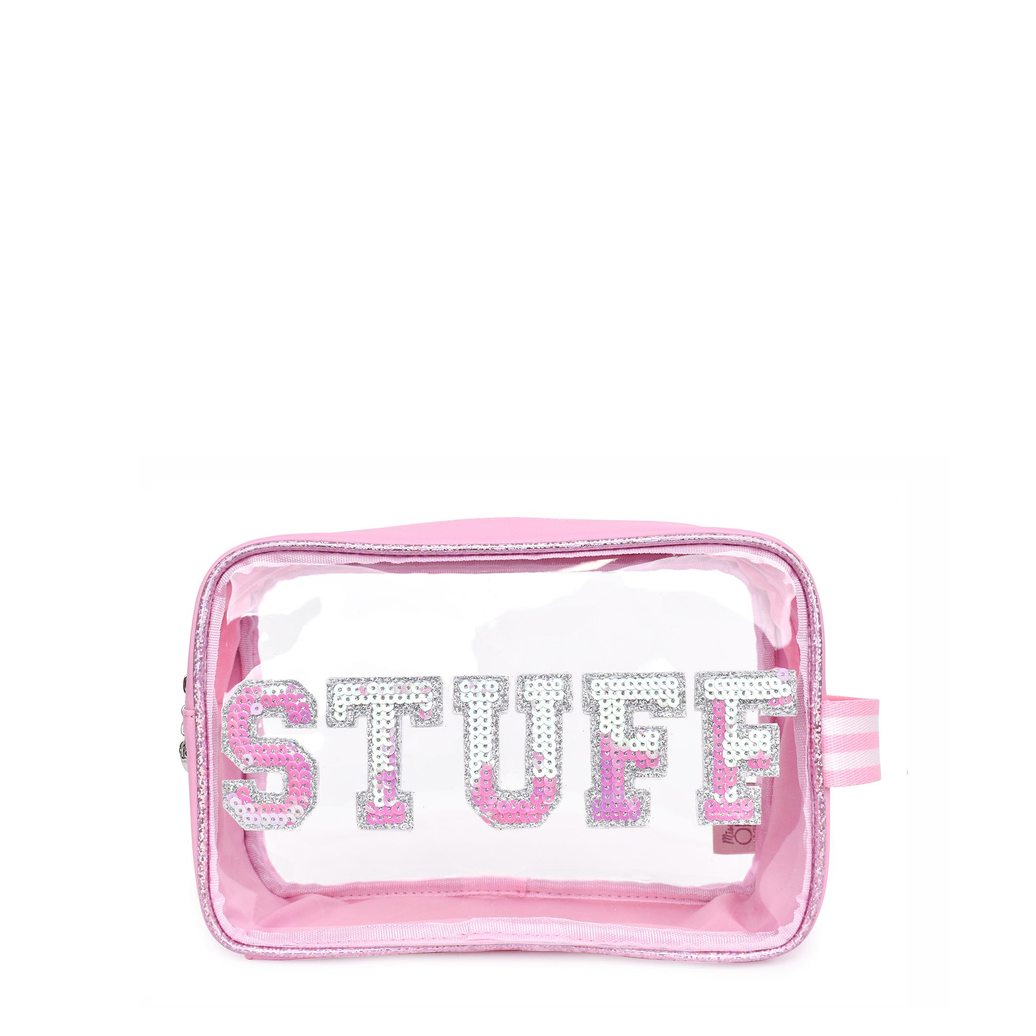 Front view of a clear pouch with pink sequin varsity letters 'STUFF'