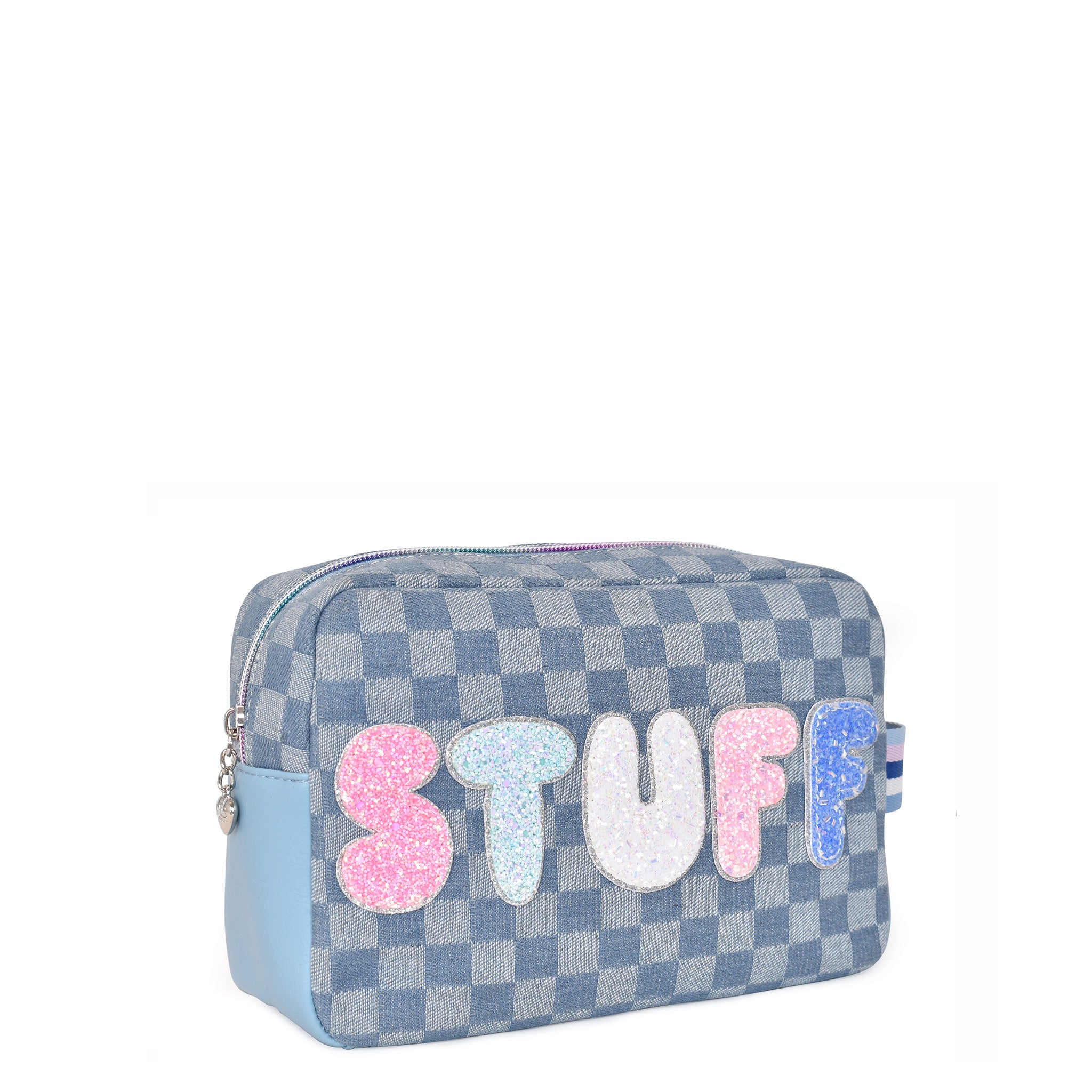 Side view of a denim checkerboard pouch with glitter bubble letters 'STUFF' appliqué