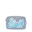 Front view of a denim checkerboard printed pouch with script varsity letters 'STUFF' appliqué