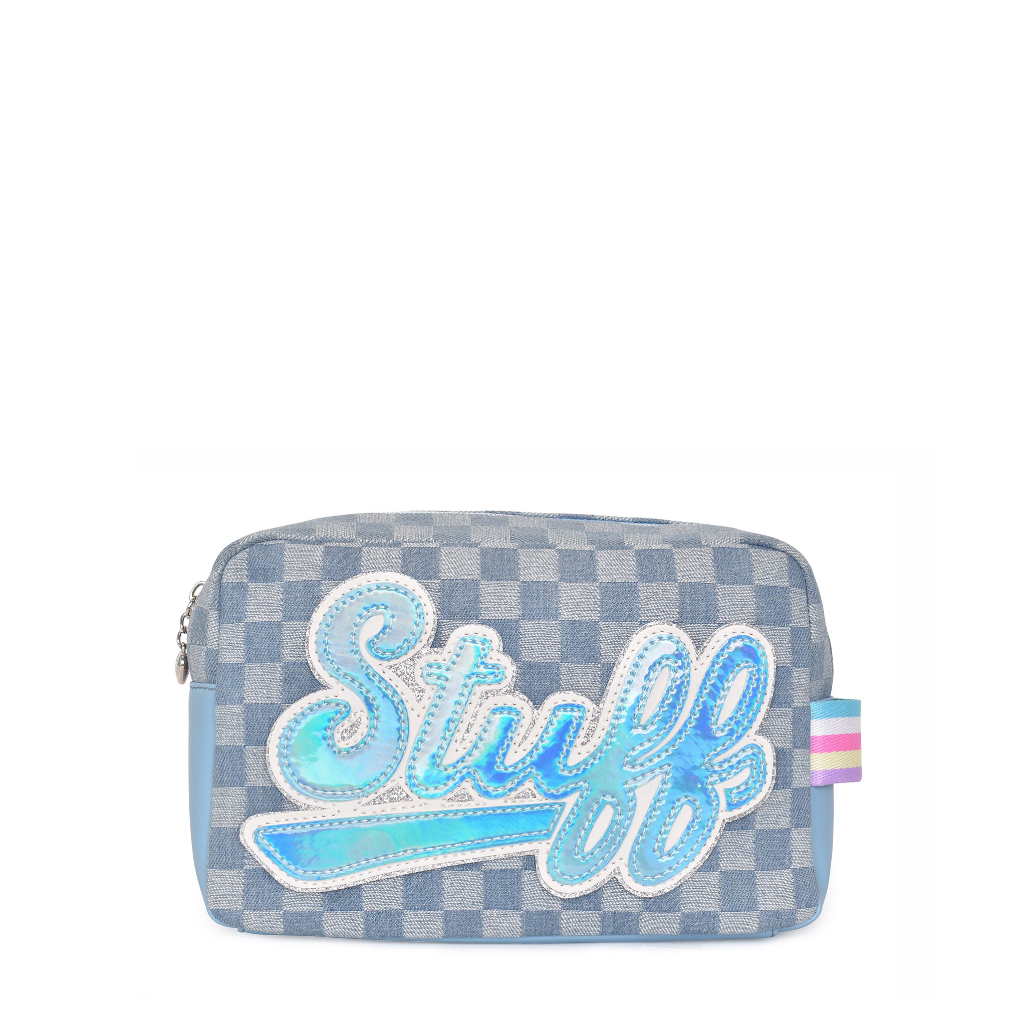 Front view of a denim checkerboard printed pouch with script varsity letters 'STUFF' appliqué