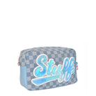 Side view of a denim checkerboard printed pouch with script varsity letters 'STUFF' appliqué