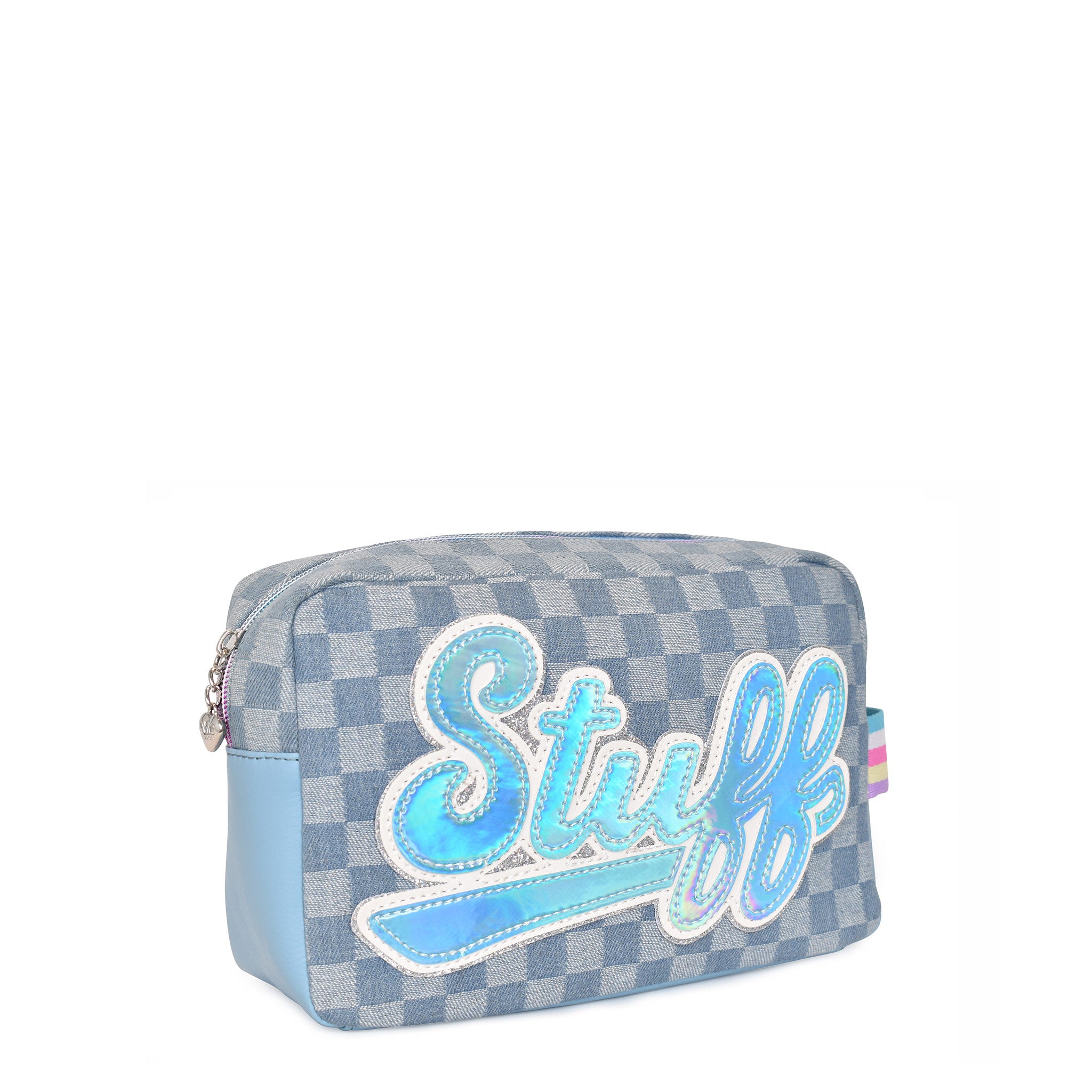 Side view of a denim checkerboard printed pouch with script varsity letters 'STUFF' appliqué