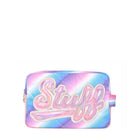 Front view of a cool toned ombre quilted pouch with metallic varsity script 'Stuff' lettering