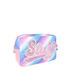 Side view of a cool toned ombre quilted pouch with metallic varsity script 'Stuff' lettering