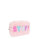 side view of pink sherpa pouch with bubble lettering 'stuff' 