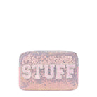 Front view of a sequin pouch with 'stuff' glitter varsity lettering