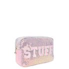 Side view of a sequin pouch with 'stuff' glitter varsity lettering